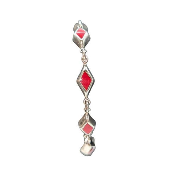 925 Sterling Silver Mexico Red Coral Inlay Diamond Shape Link Box Clasp Bracelet - Picture 2 of 7